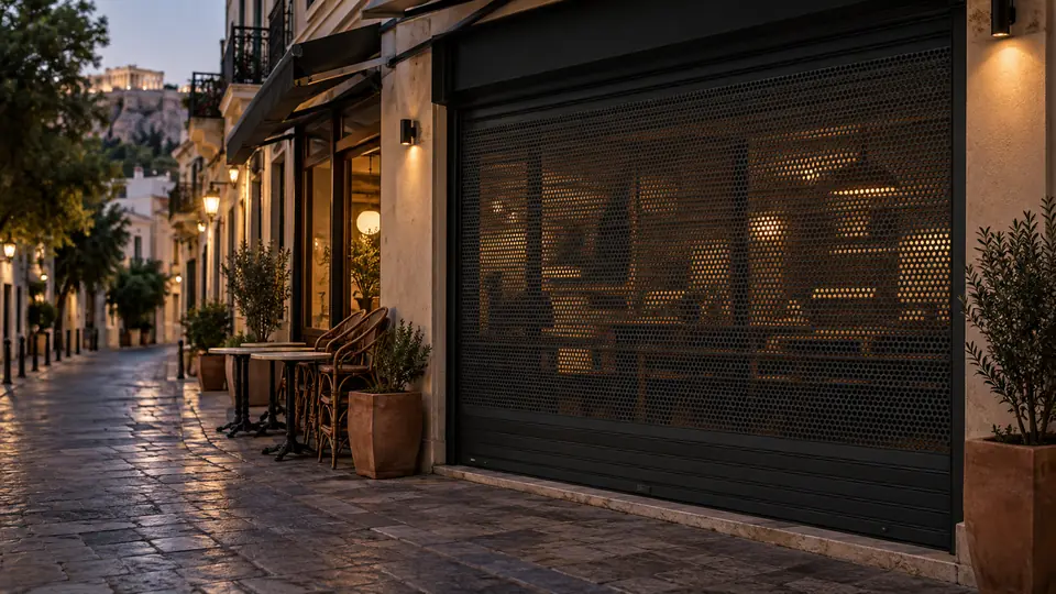 Καφέ με κατεβασμένο διάτρητο ρολό μετά το κλείσιμο